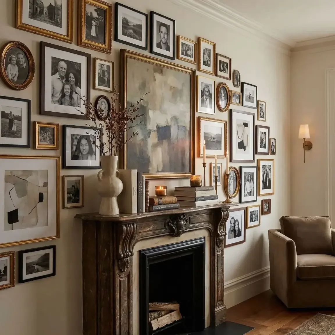 Eclectic salon gallery wall above fireplace mantel