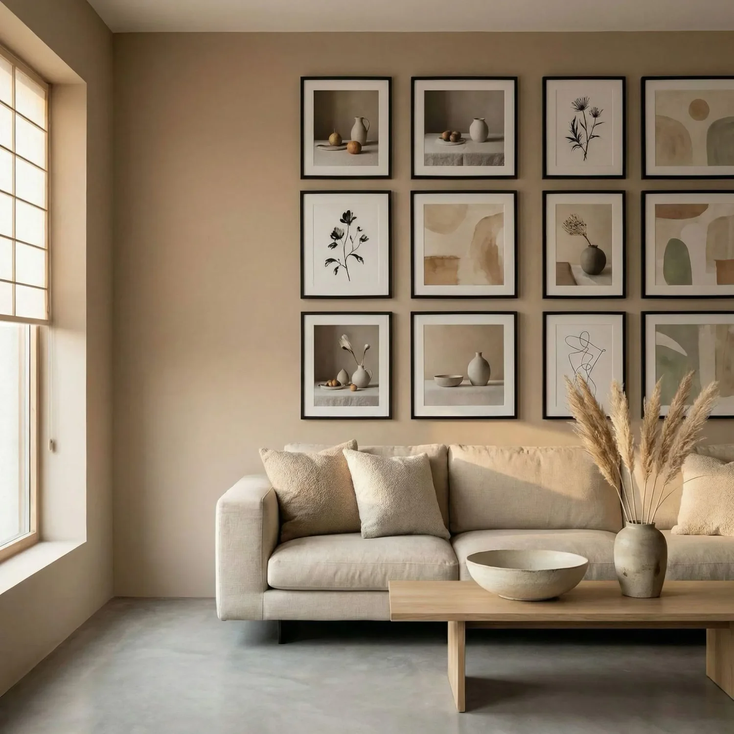 Japandi living room with botanical framed pictures