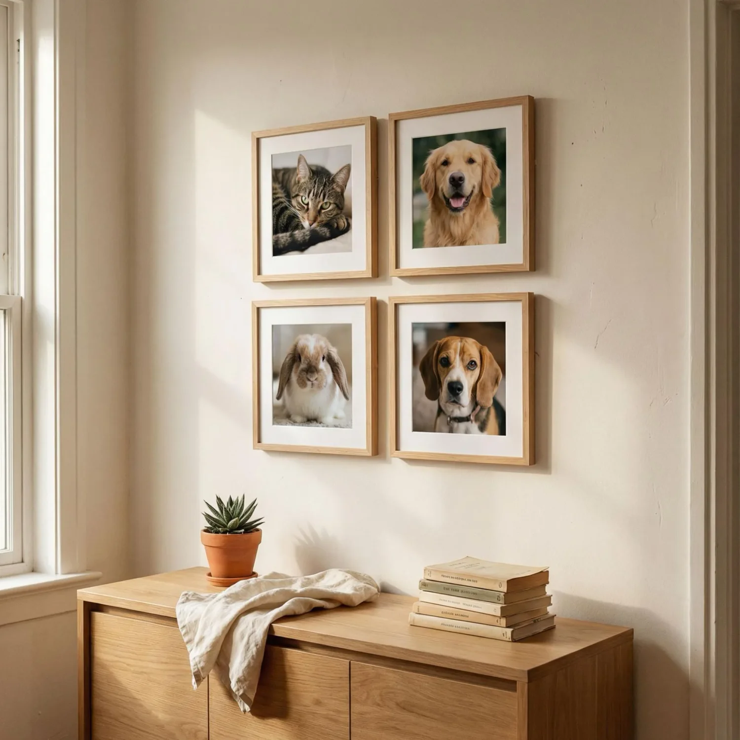 Pet photo grid wall with four framed pet portraits
