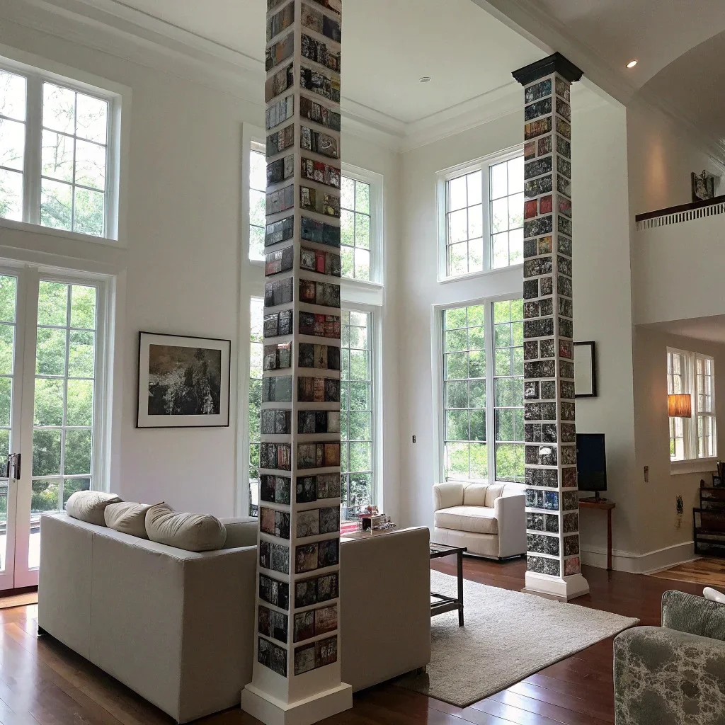 Two tall vertical columns of photo tiles stacked tightly to emphasize height in a room with high ceilings.