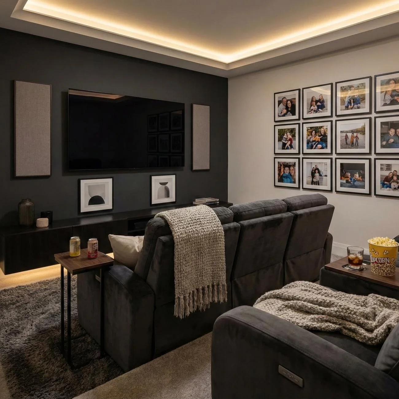 Three framed wedding portraits hanging above a neutral bed
