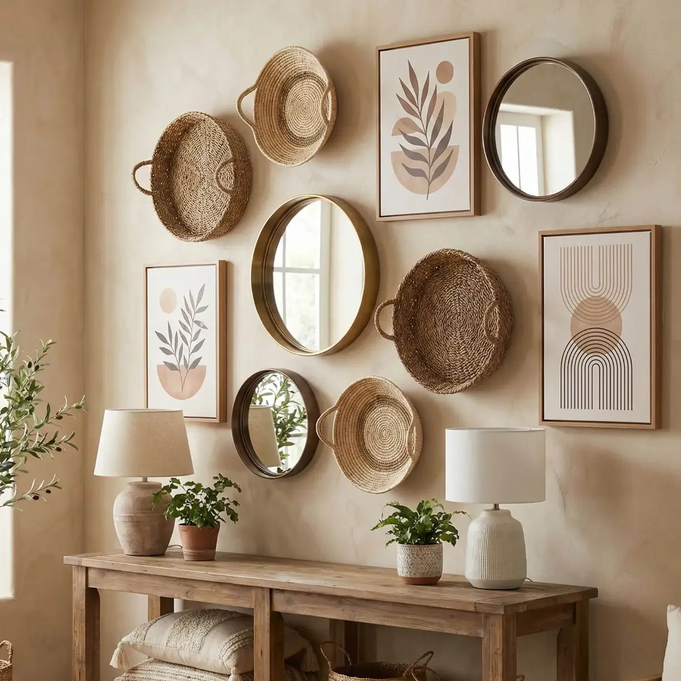 Boho wall decor with woven baskets, mirrors, and framed prints.