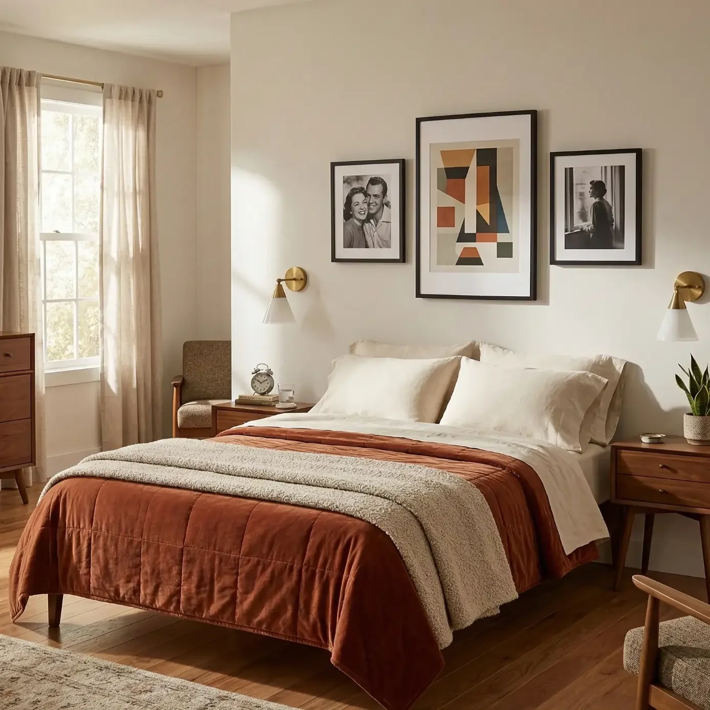 Modern bedroom with framed art trio above neatly made bed