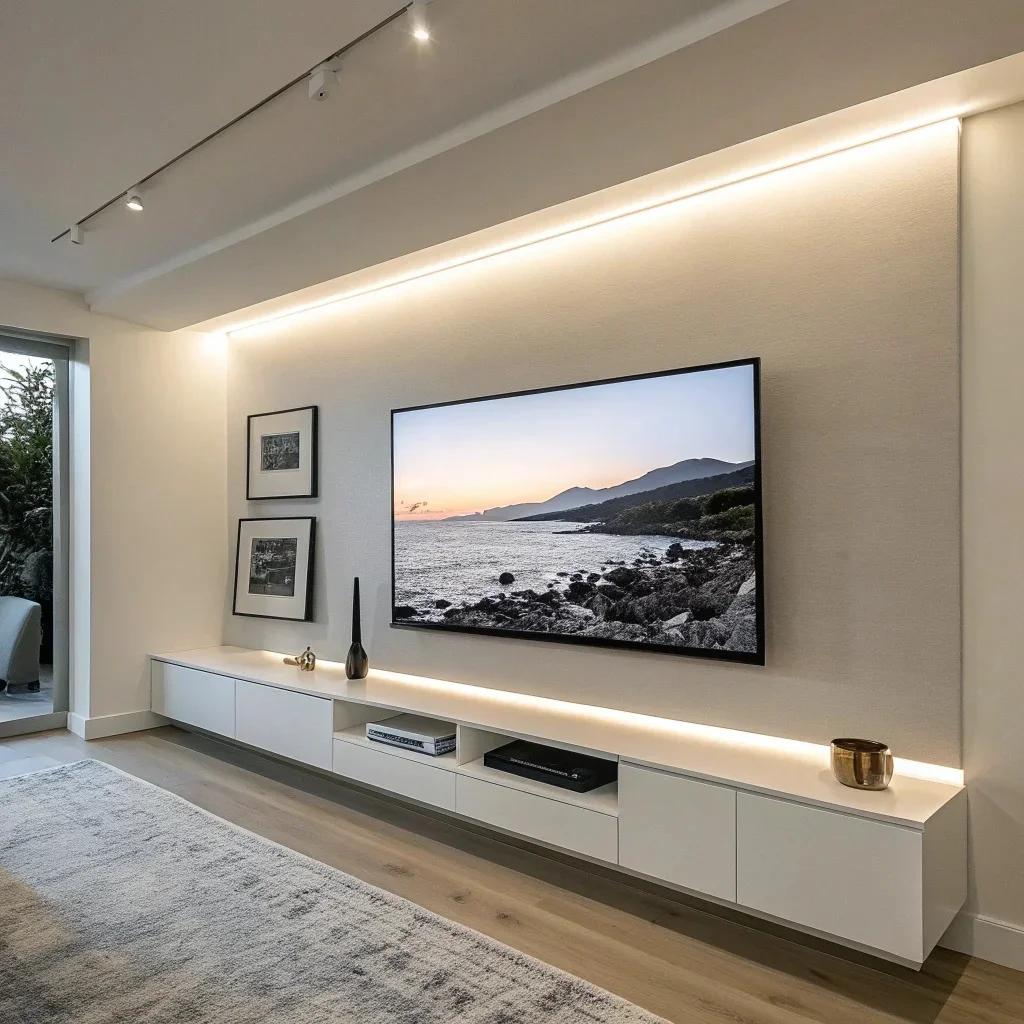 Minimal decor above a wall-mounted TV, featuring a thin picture ledge or a single panoramic artwork with ample breathing room.