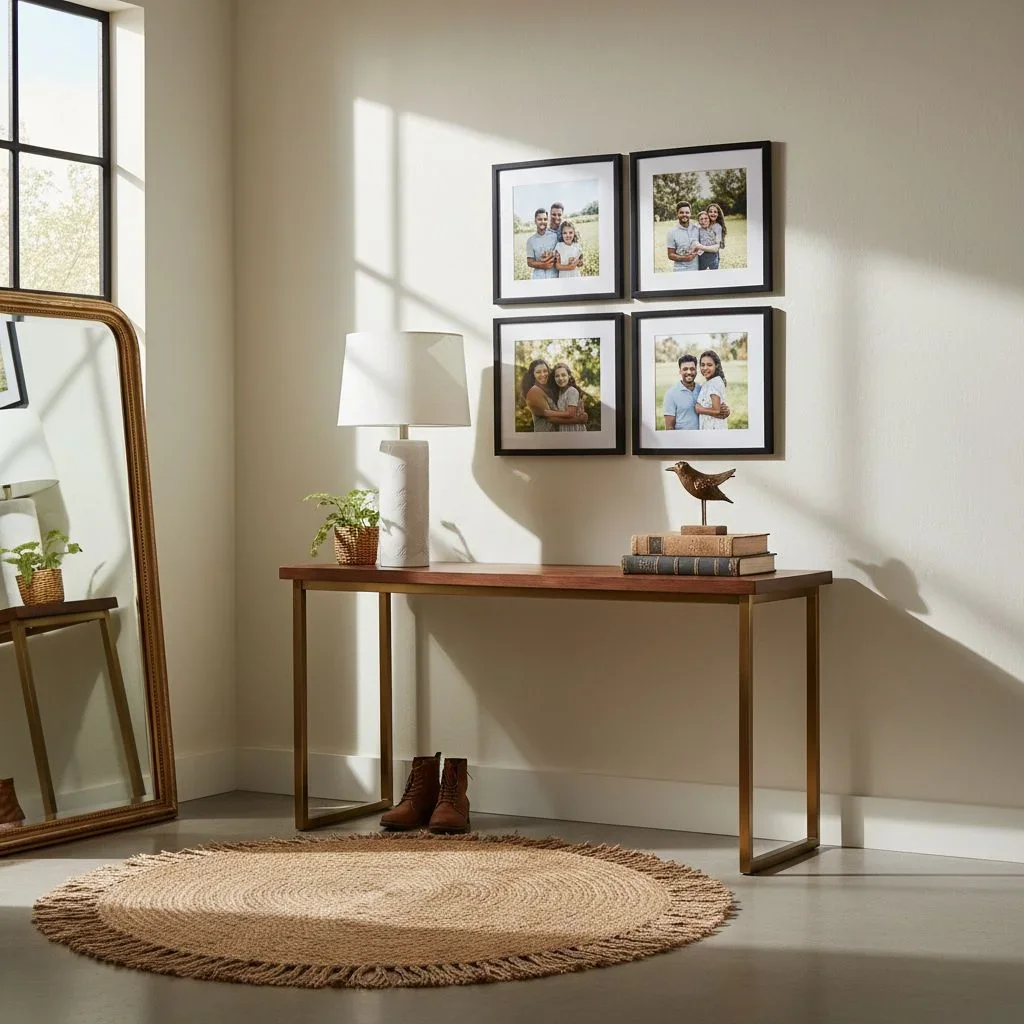 Warm entryway with family photo wall