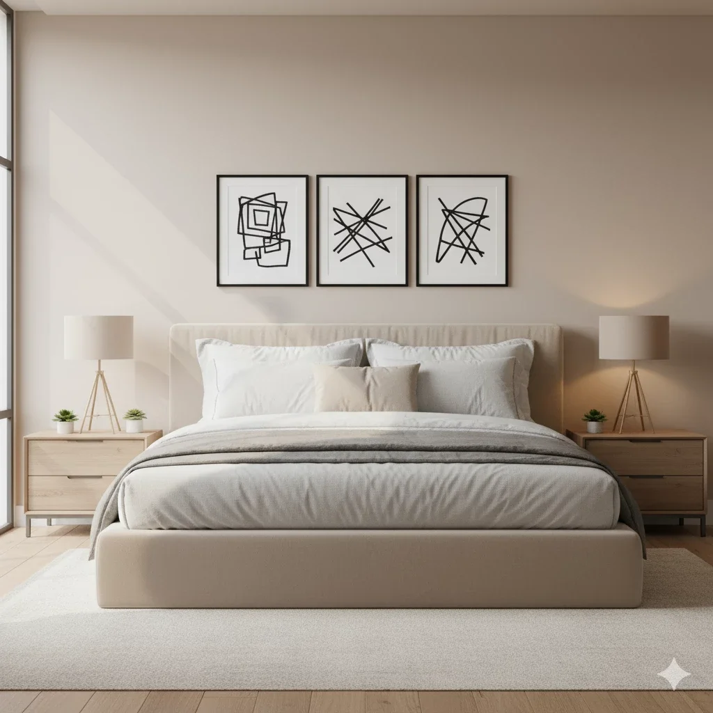 minimalist bedroom with triptych over upholstered bed