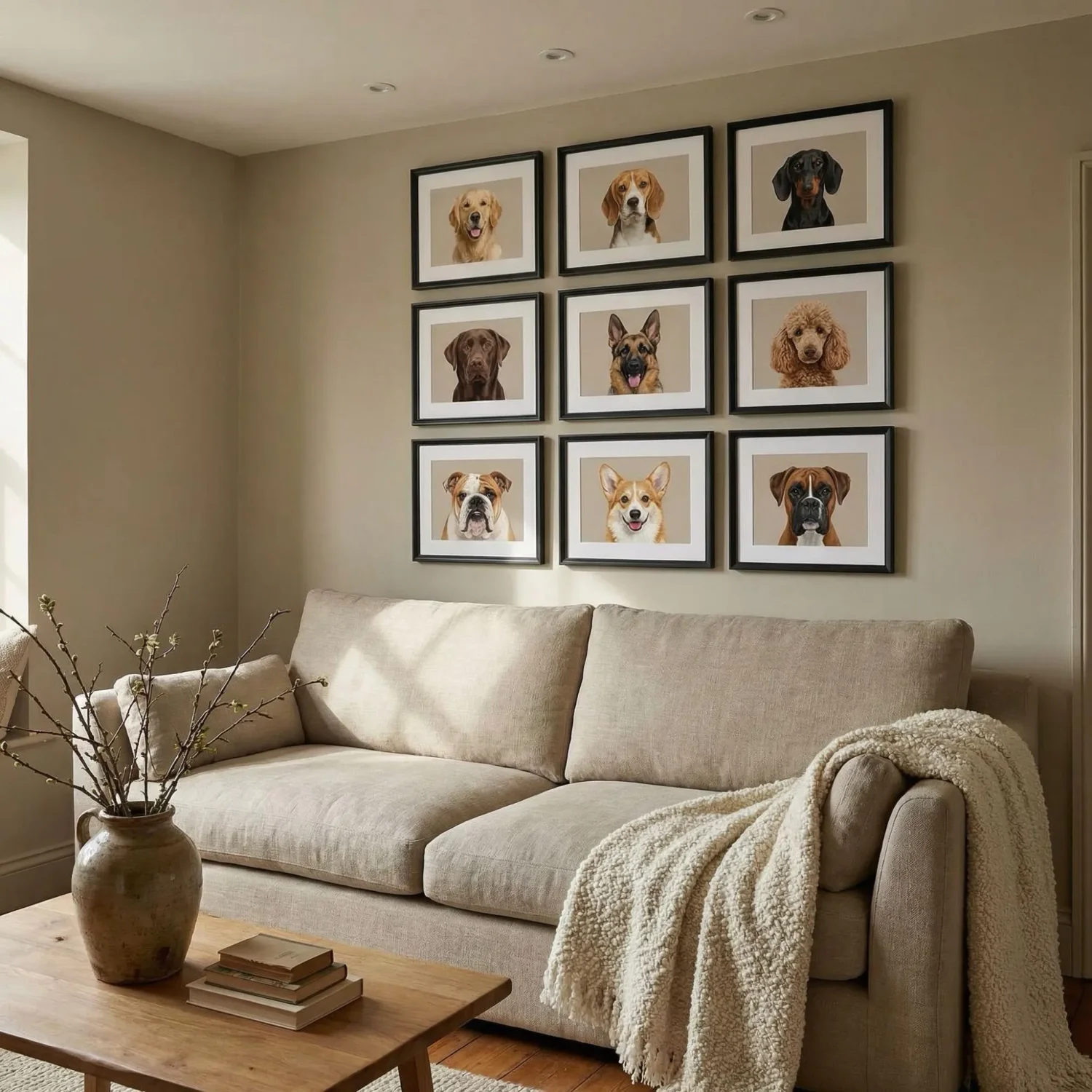 3x3 dog gallery wall above living room sofa