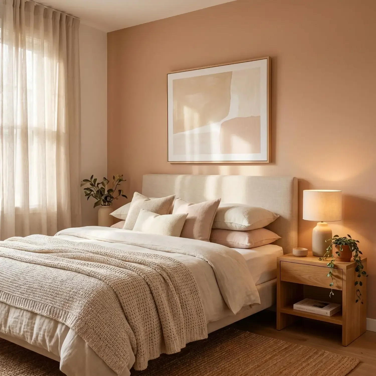 Bedroom with minimalist abstract art above headboard