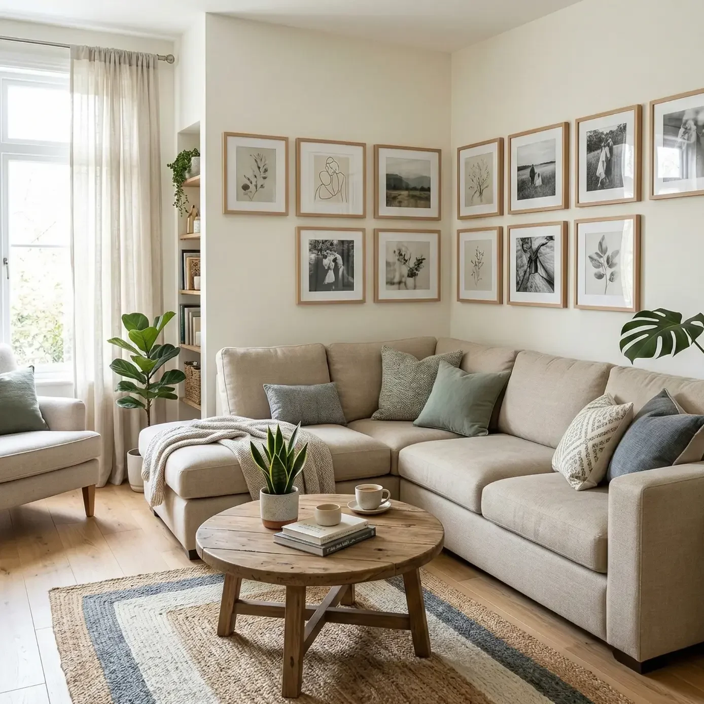 Bright living room with sectional sofa and gallery wall prints