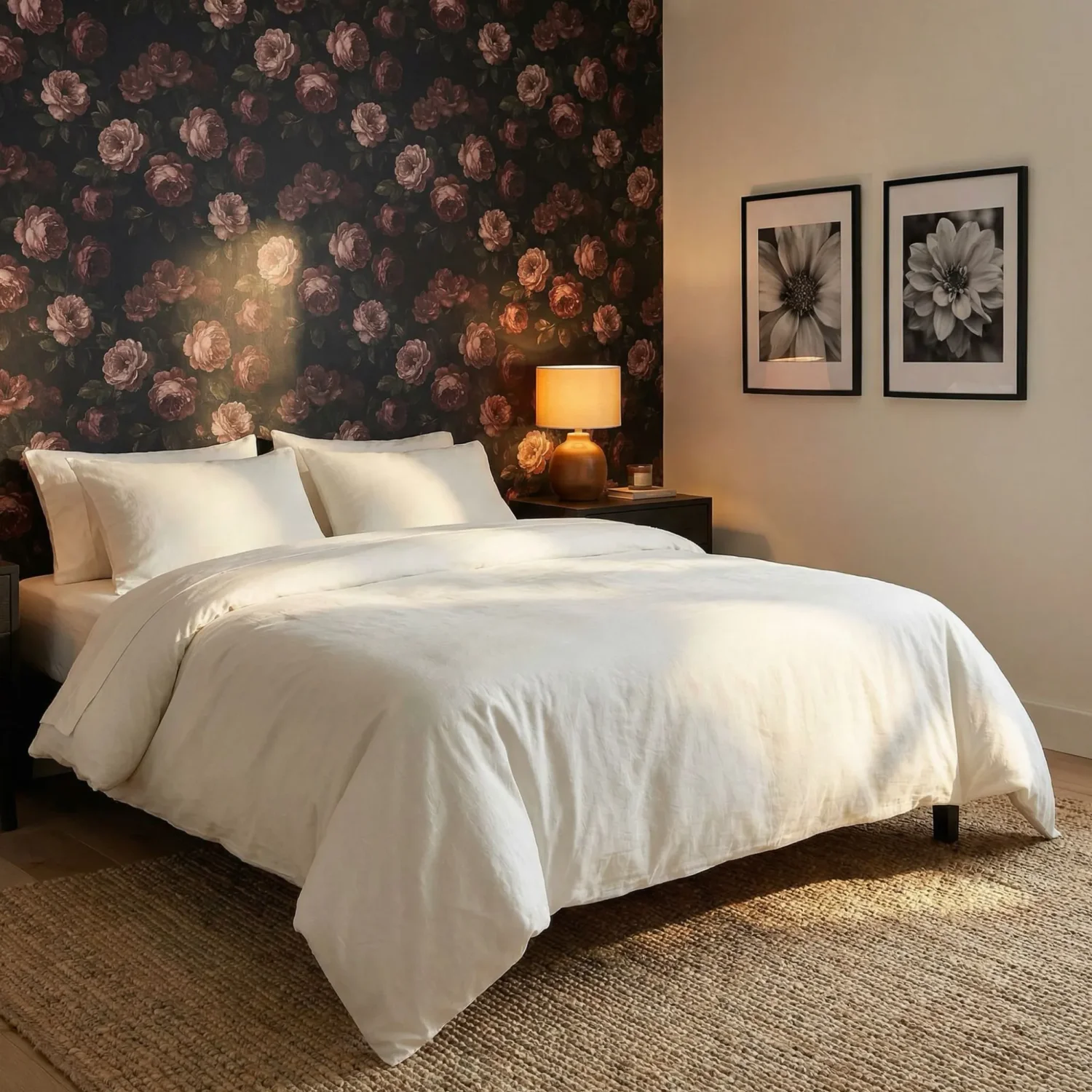 Dark floral wallpaper bedroom with neutral bedding