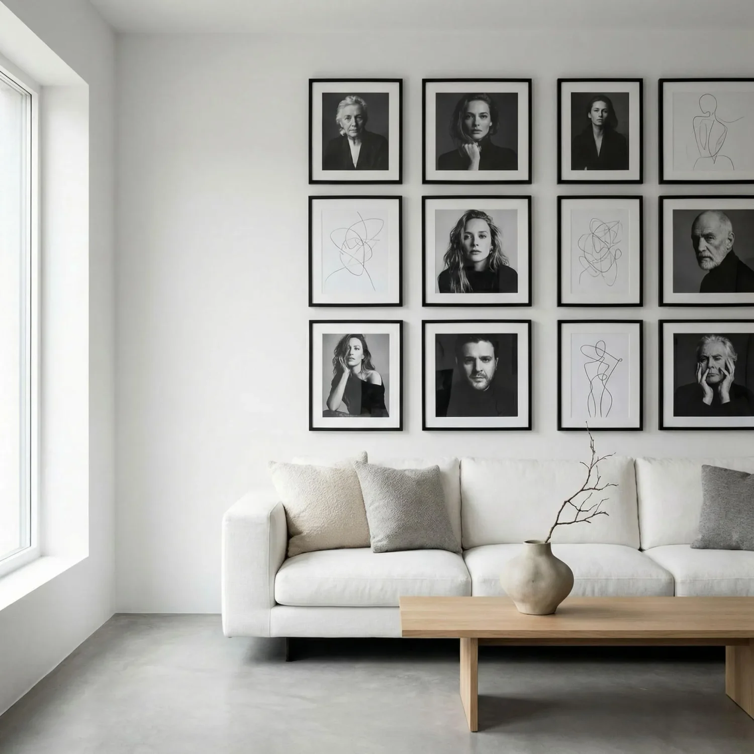 Minimalist living room with black and white framed art