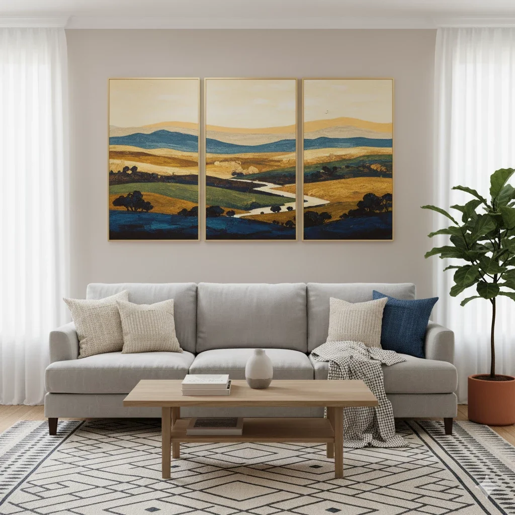 modern living room with landscape triptych over gray sofa