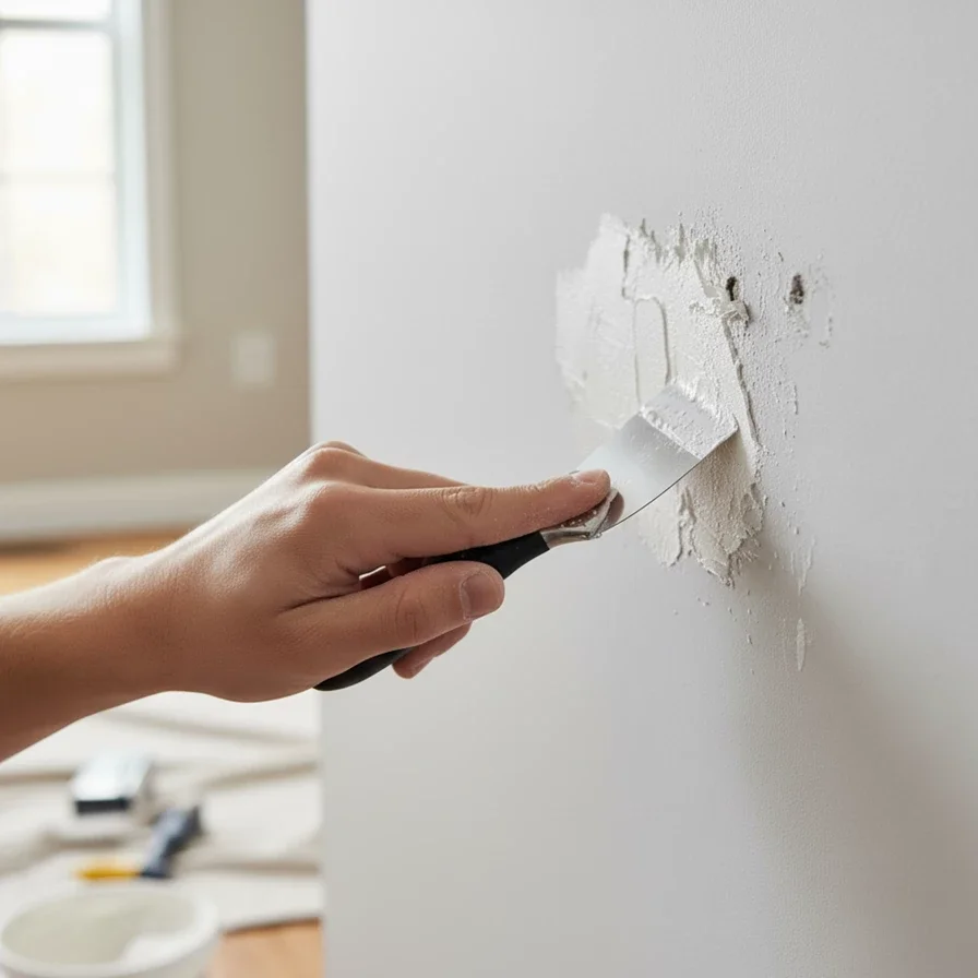 applying spackle to wall holes with putty knife