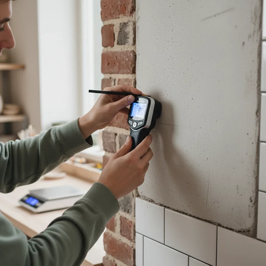 Person using a stud finder on a brick and plaster wall