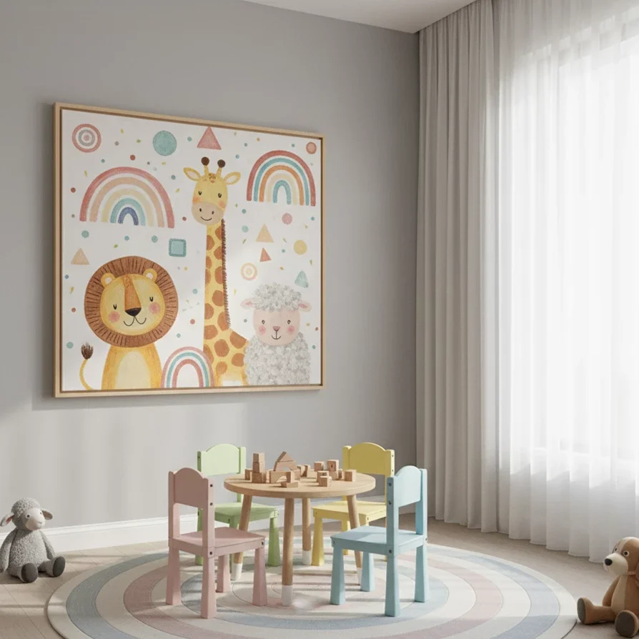 Whimsical animal canvas cheers pastel playroom with toys