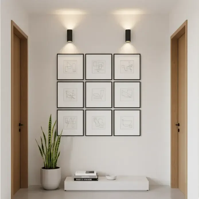 small black and white grid in hallway