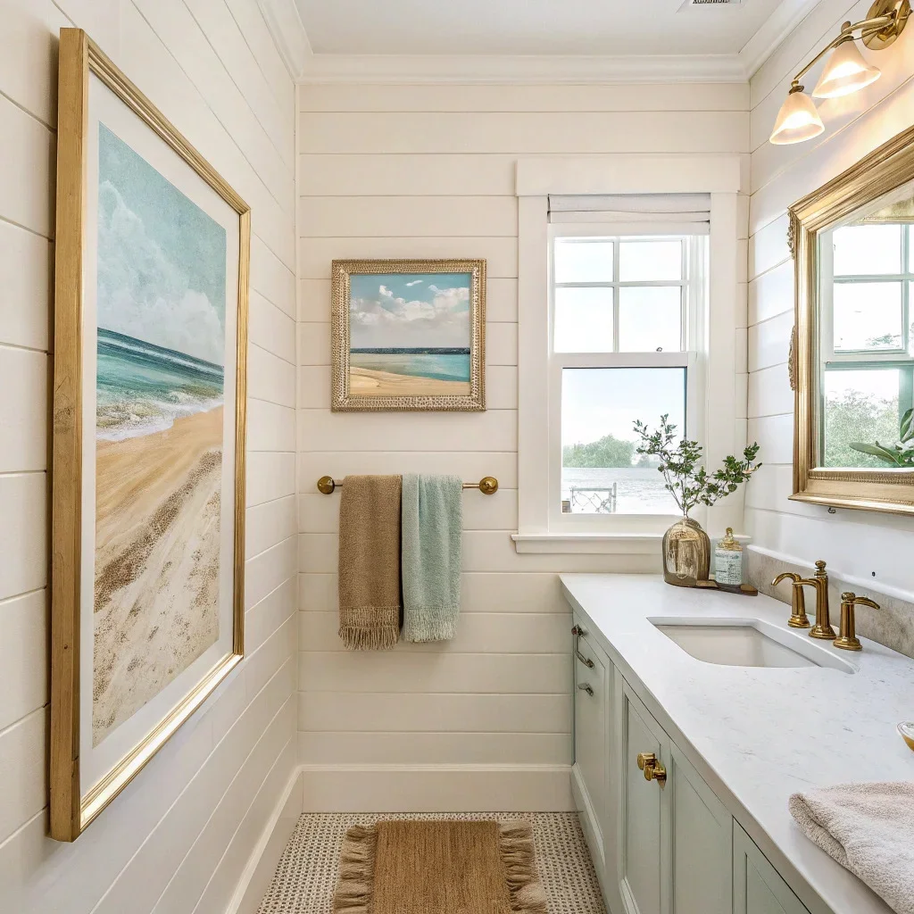 Light coastal bathroom with seascape or dune artwork, sandy-toned towels, and brass or chrome hardware for a breezy, beach-inspired look.