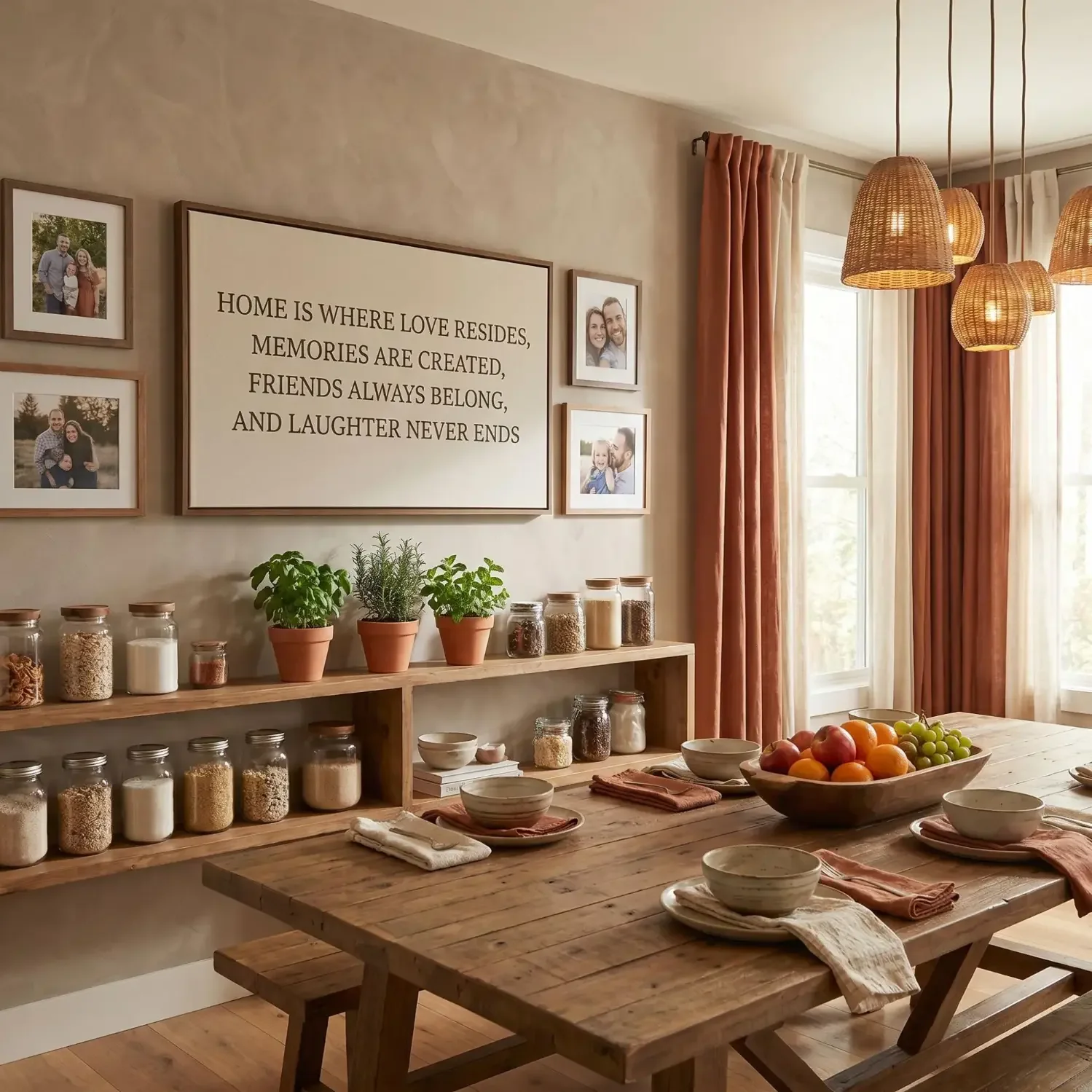 Dining room wall art with family quote above table