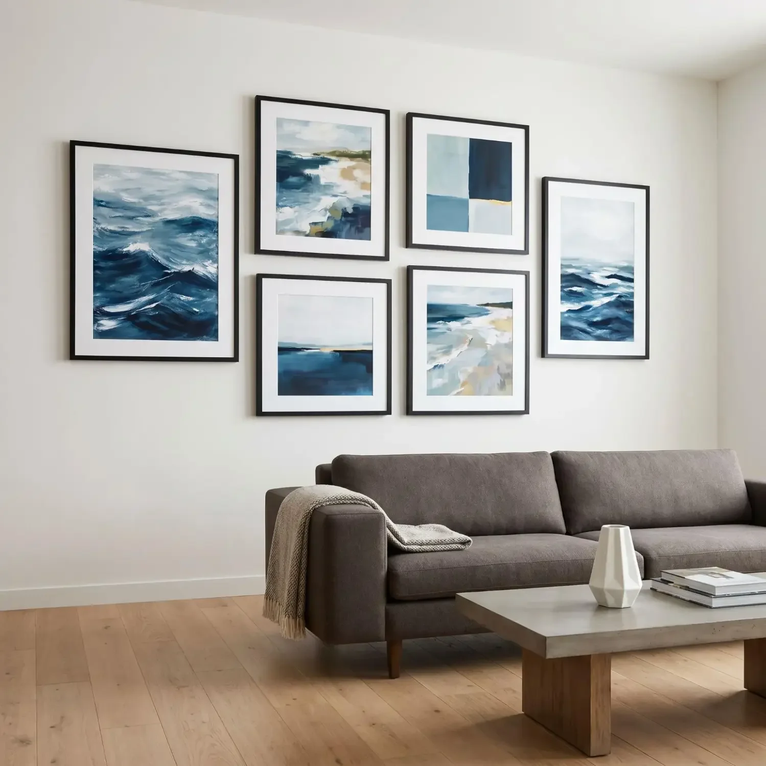 Abstract ocean framed art in modern living room