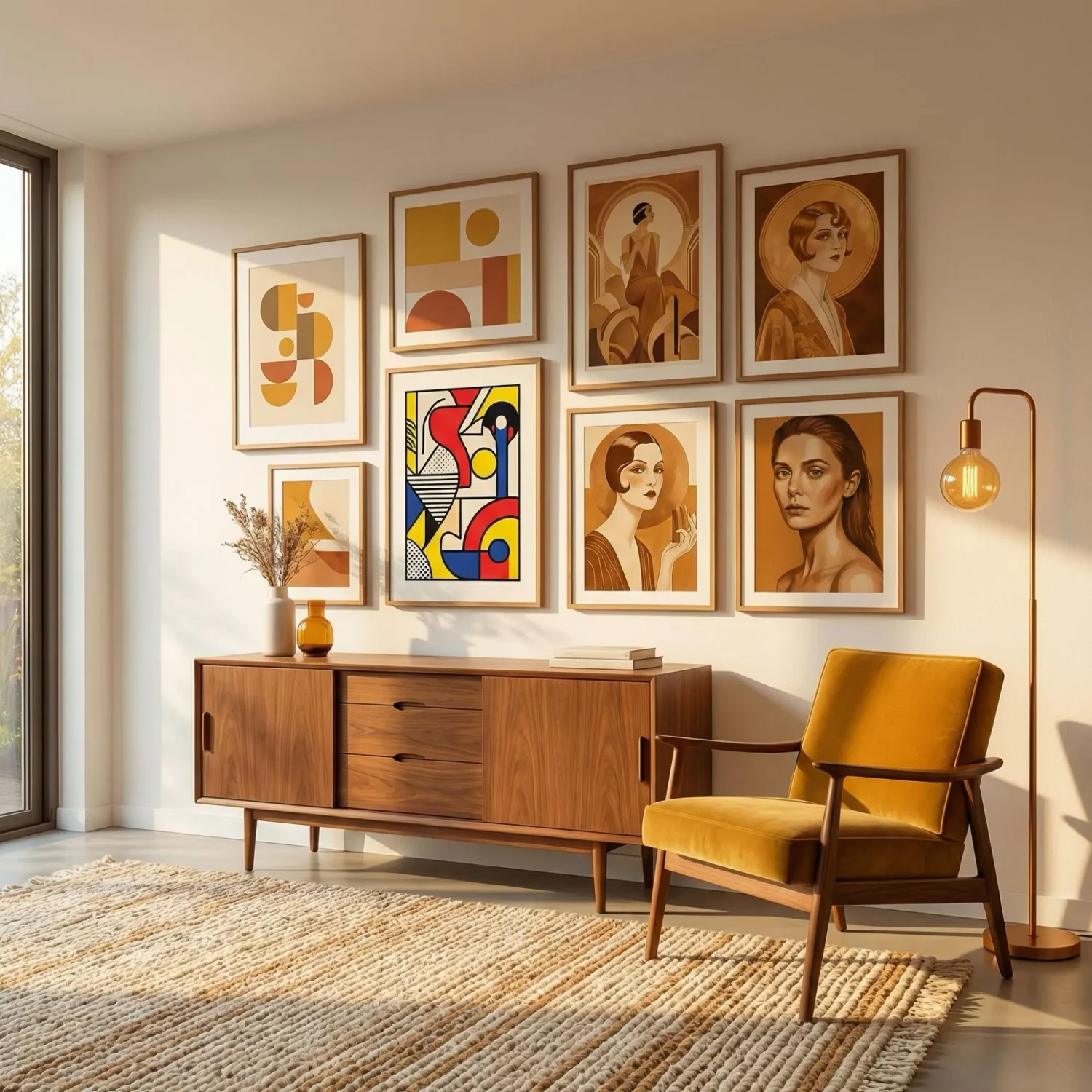 Mid-century modern room with geometric framed prints