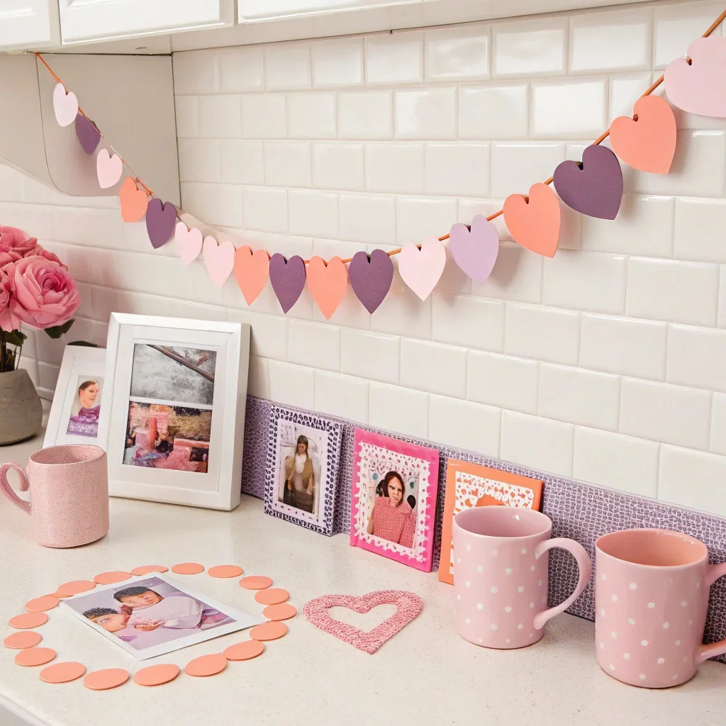 Bright, cheerful pastel Valentine’s setup with bubblegum pink, lilac, and peach decor; heart mugs; pastel paper garlands; and kids’ art and selfies displayed on photo tiles.