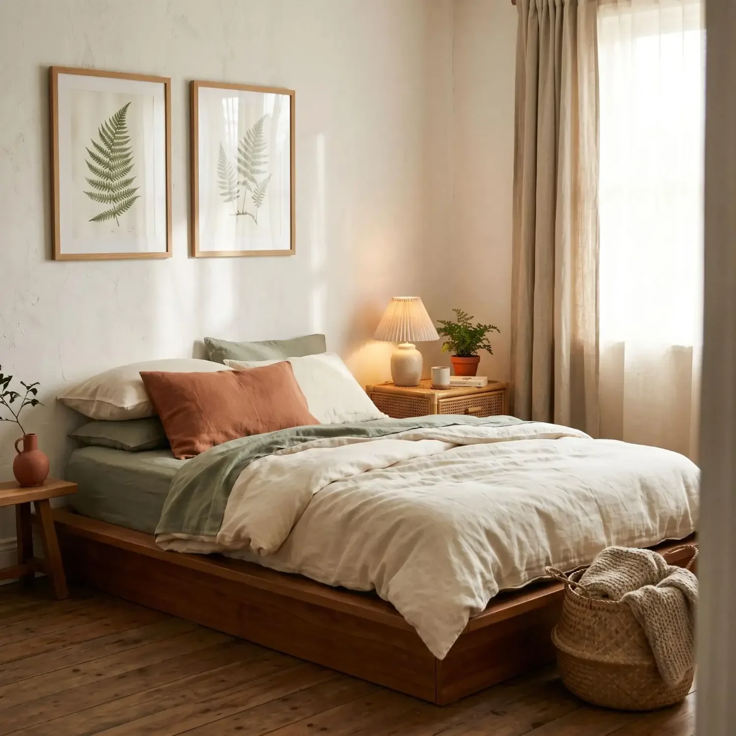 Watercolor fern framed art beside bedroom bed
