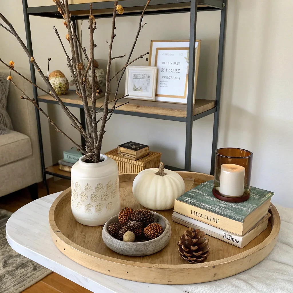 A styled fall coffee table with a wood tray holding clipped branches, acorns, and a lidded candle, paired with stacked design books topped with a brass accent; nearby shelves display pumpkins, framed photos, and matte ceramic pieces.