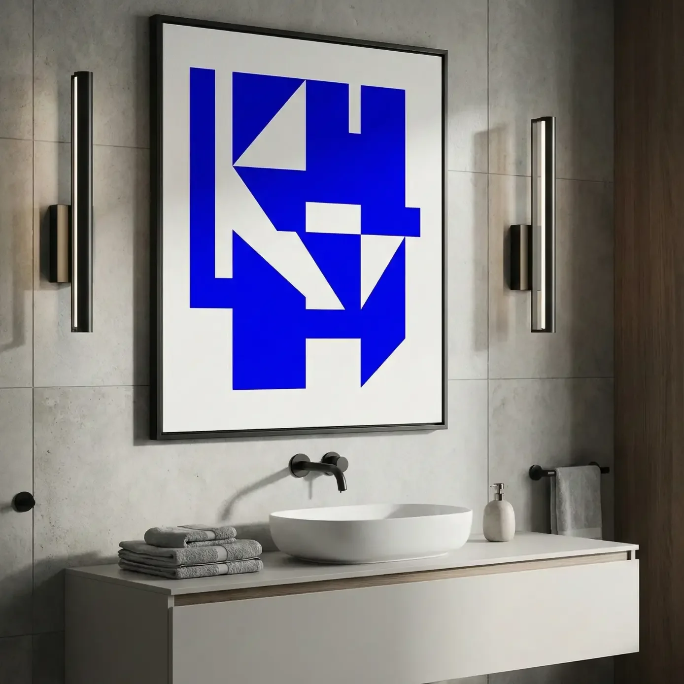 Modern bathroom vanity with bold blue abstract wall art.