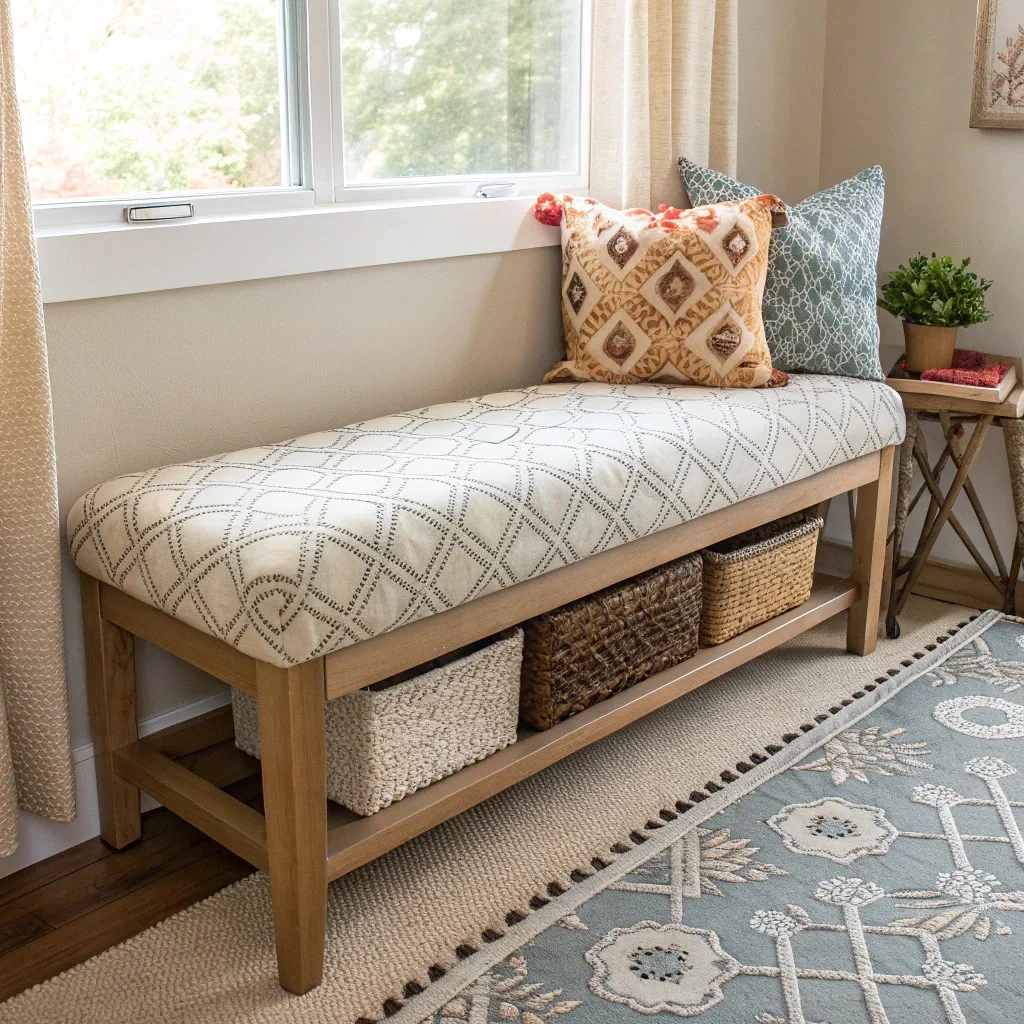 Wrapped bench cushion using folded fabric, layered rugs, and pillows in a coordinated color palette.