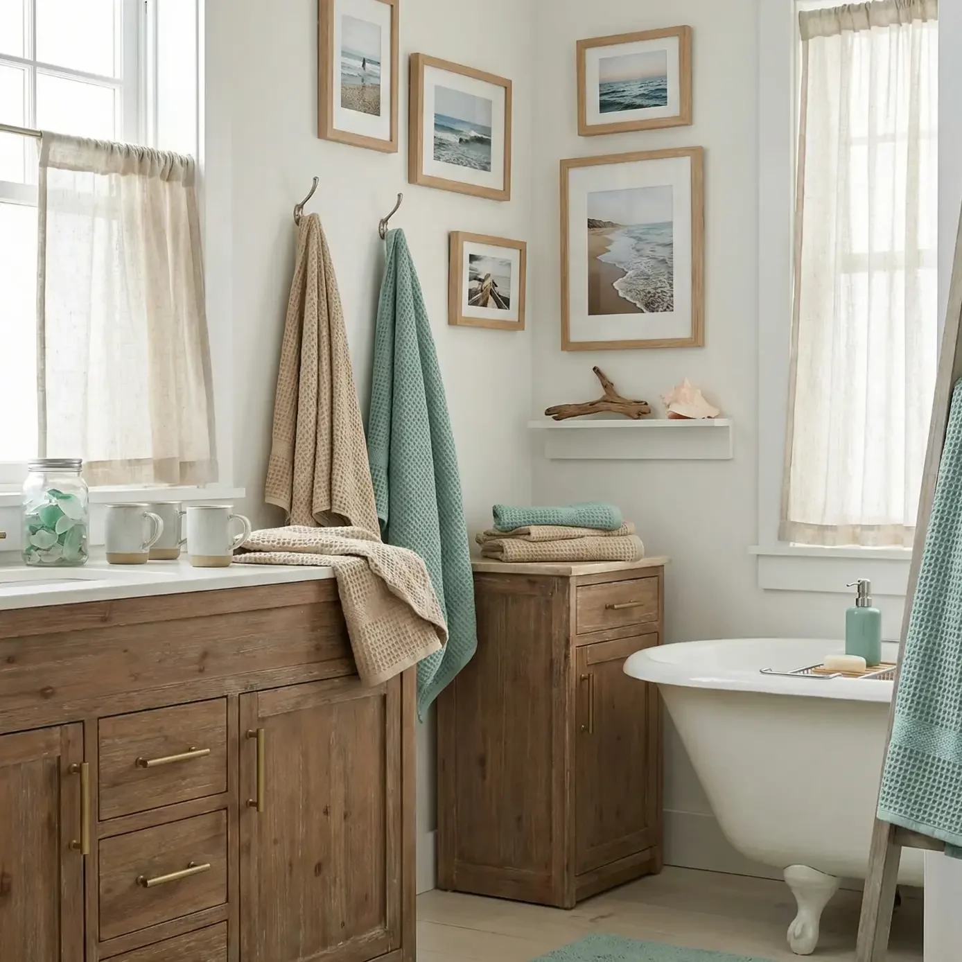 Coastal bathroom with beach photos, towels, and clawfoot tub