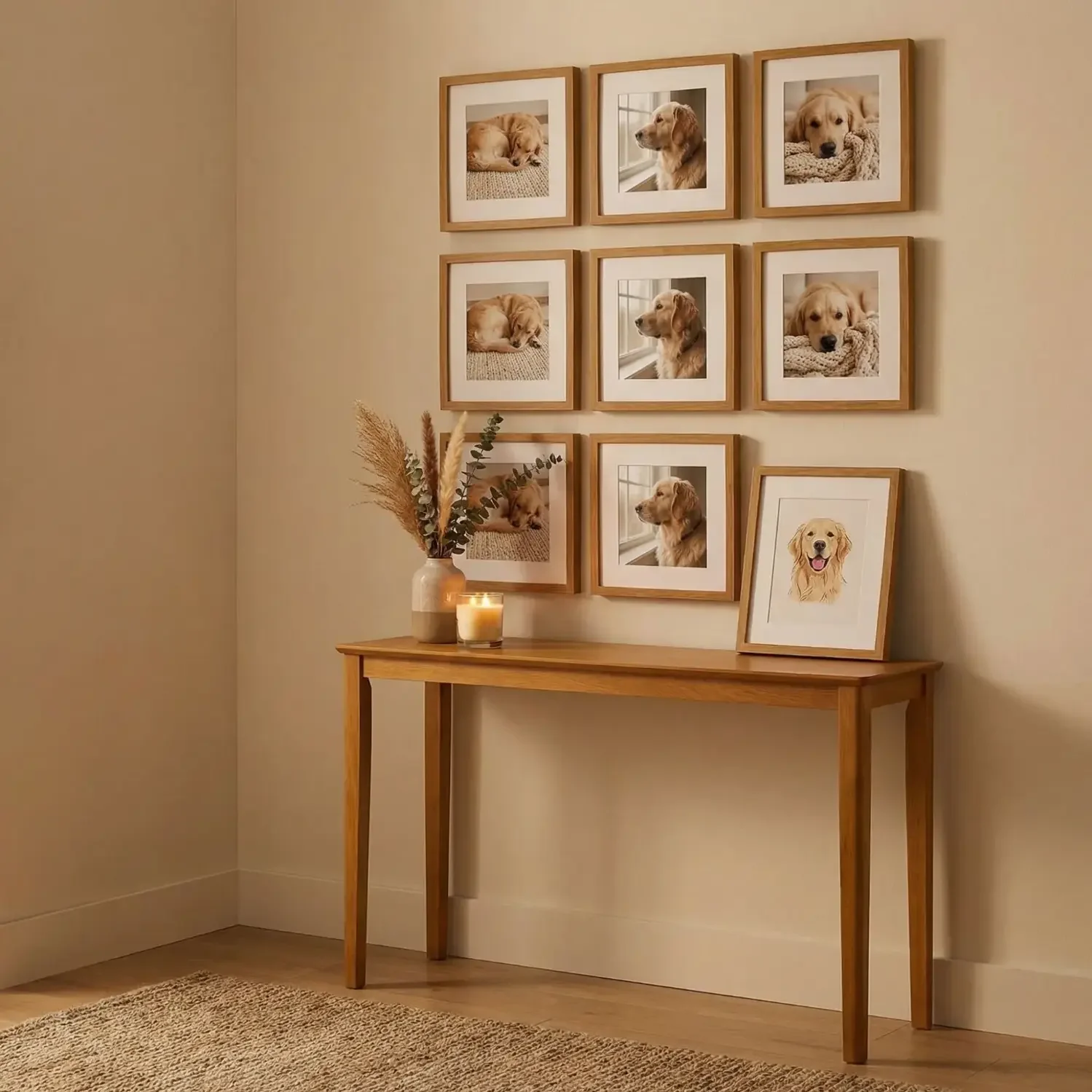 Homebody dog lover framed photo grid on console