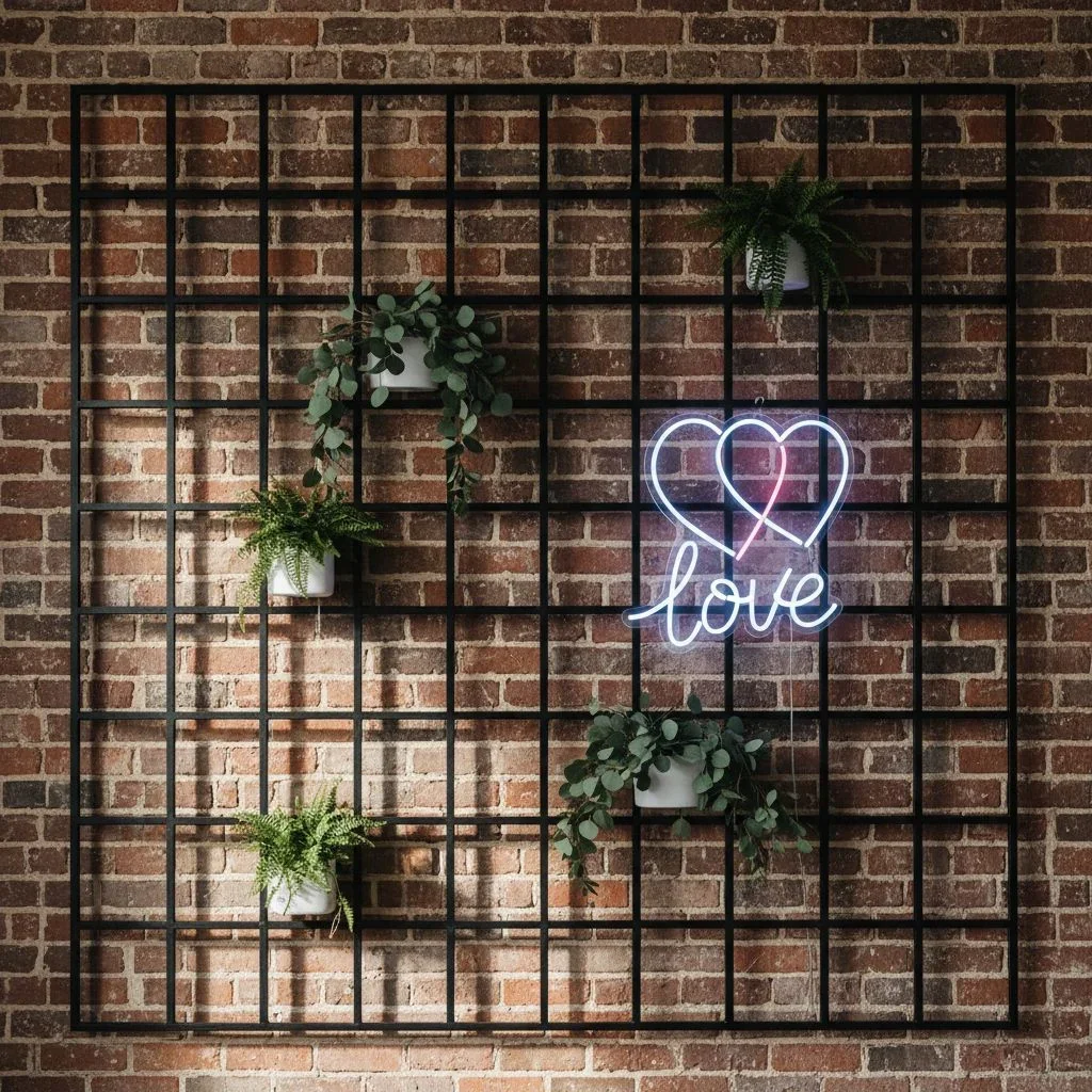 Industrial loft wedding wall with brick, neon, and greenery
