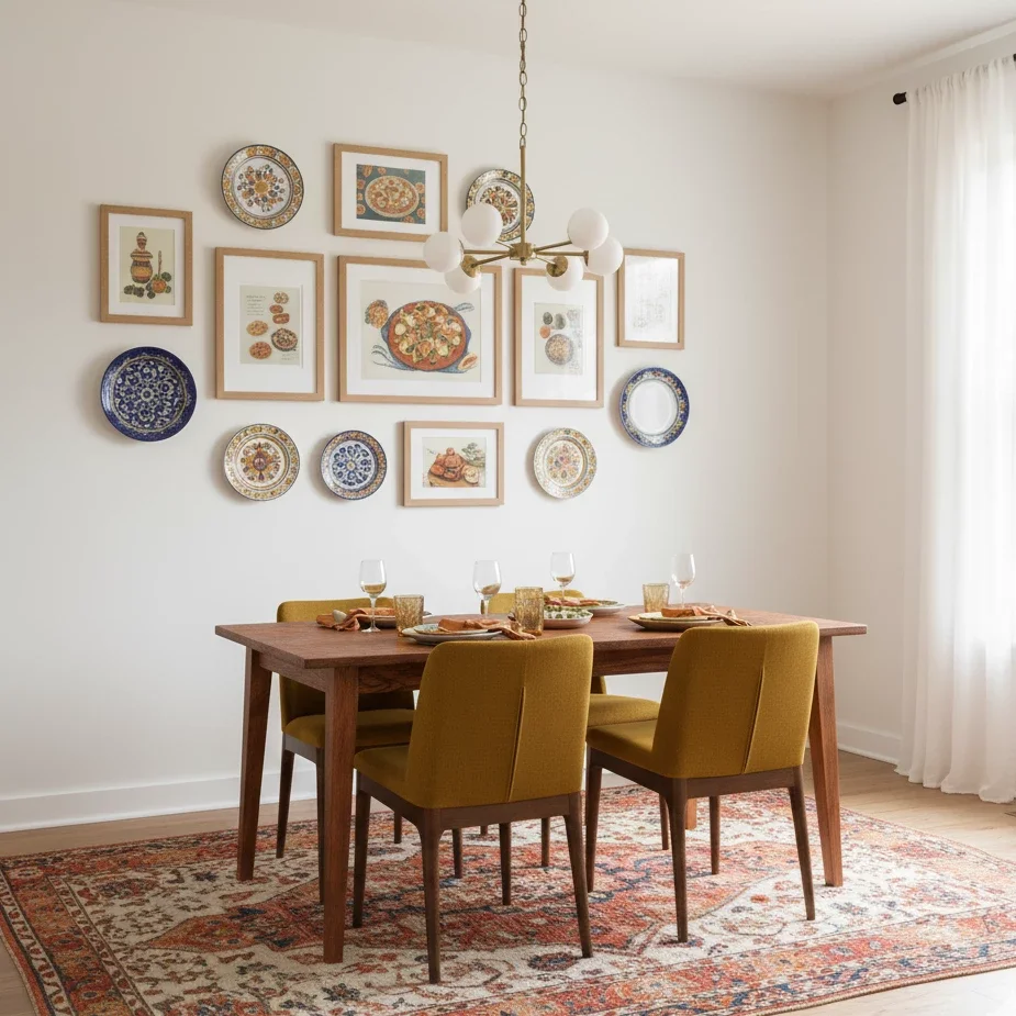 plate and photo mix on dining room wall