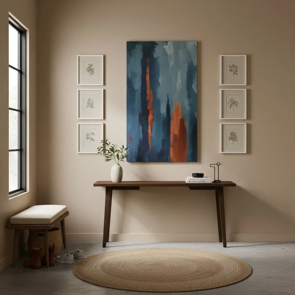 Entryway with vertical wall art display