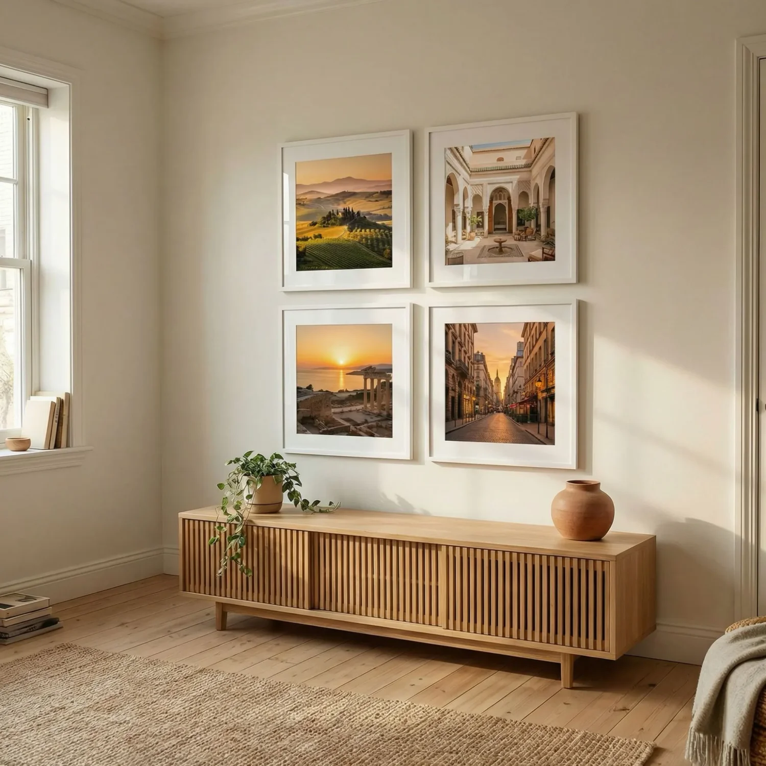 4-piece grid of framed travel photos on wall