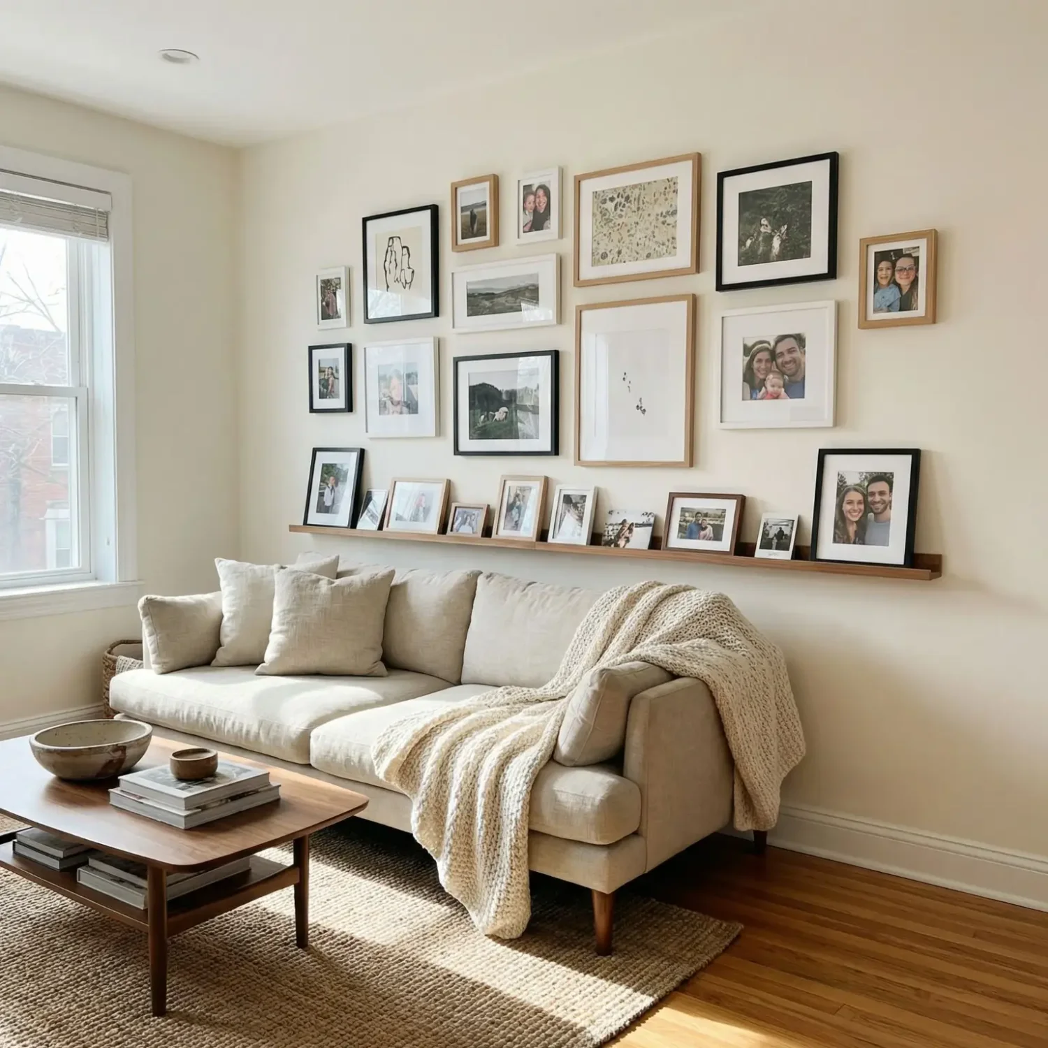 Living room gallery wall with framed photos above sofa
