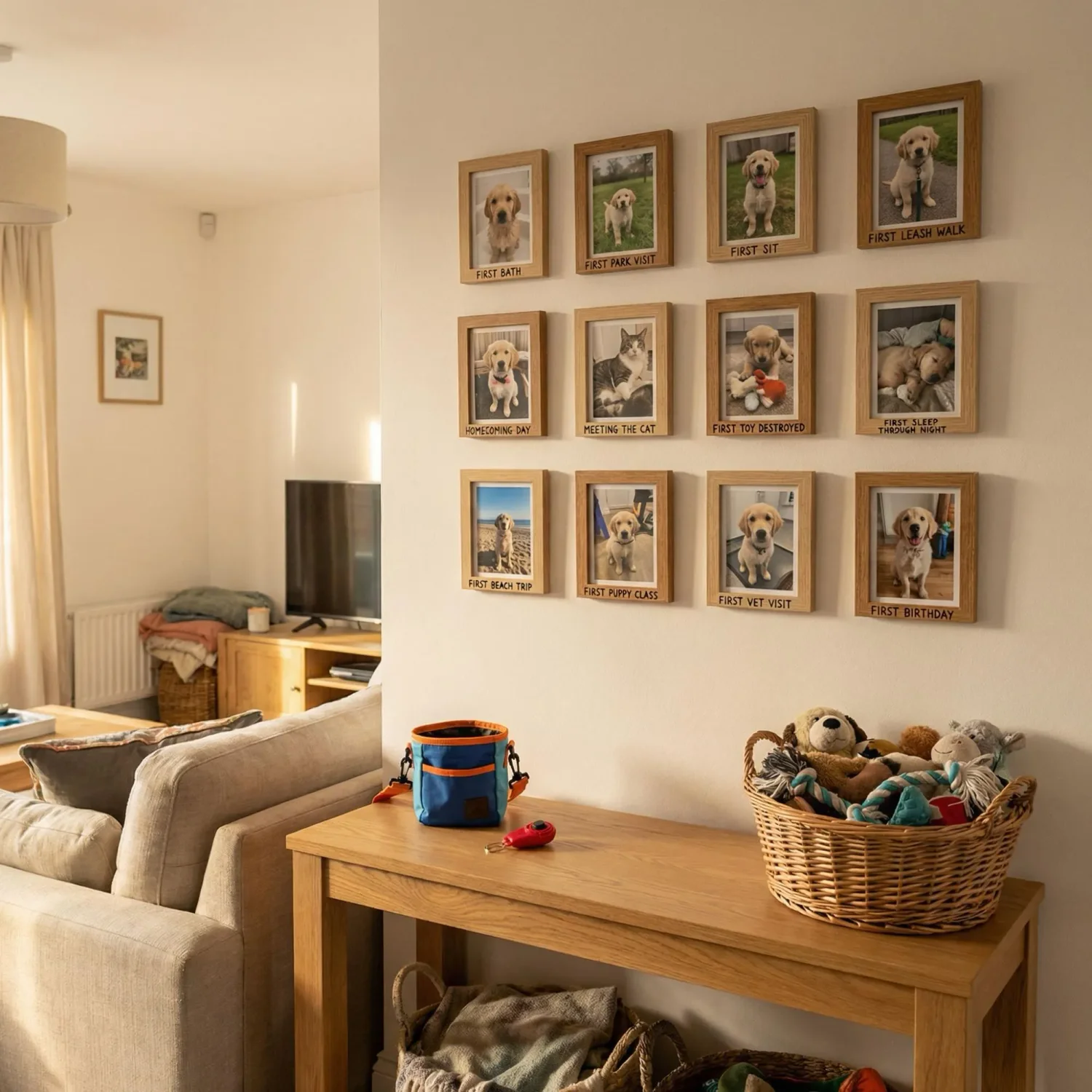 Puppy milestone framed photos on living room wall