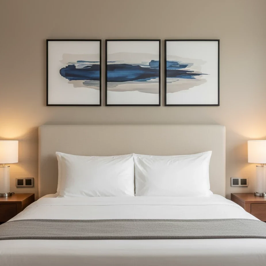 abstract blue triptych above beige bed with twin lamps