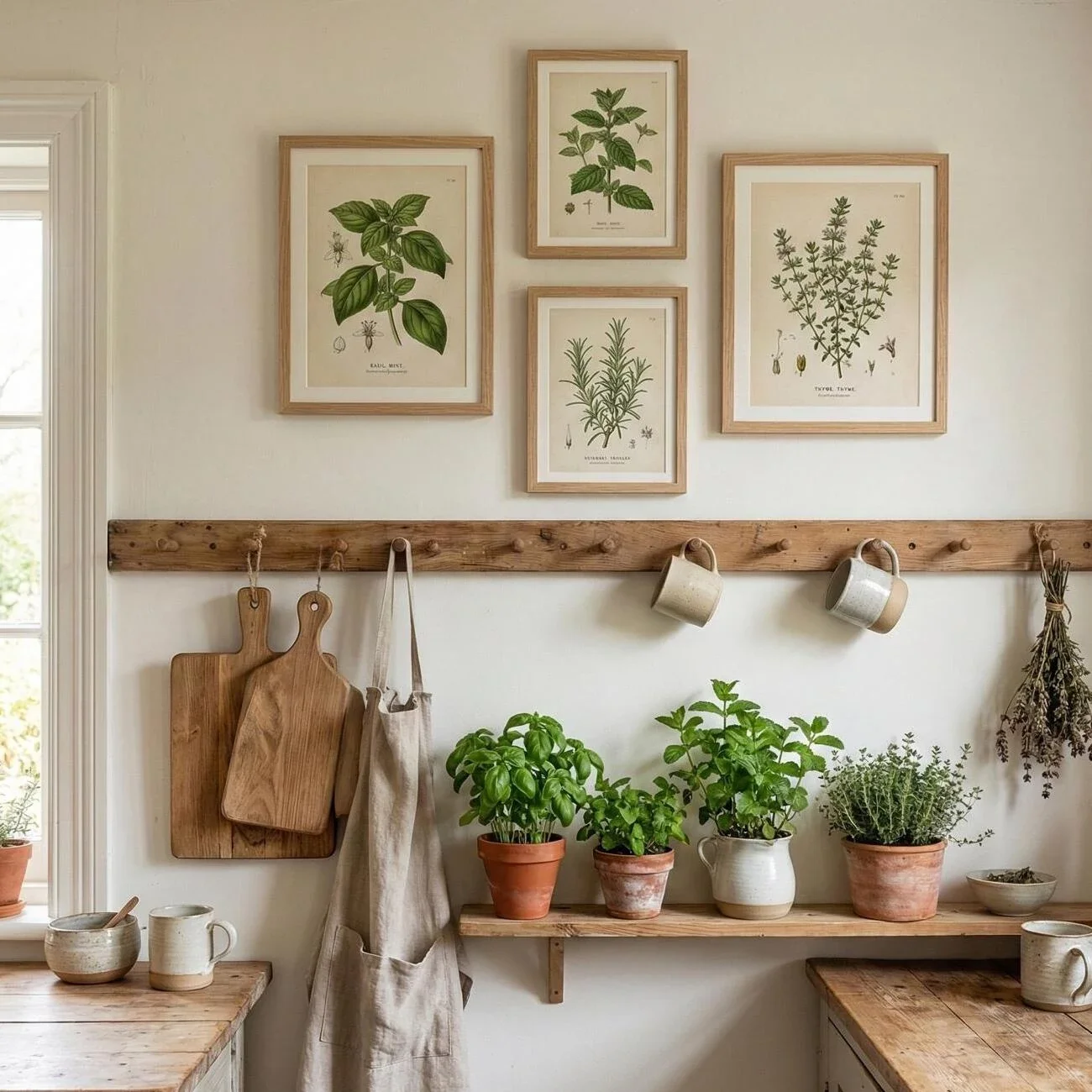 Rustic kitchen with potted herbs, wood accents, and botanical art