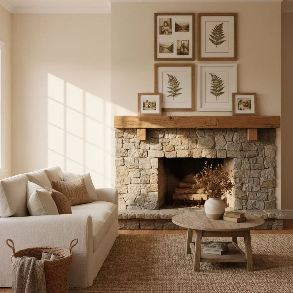 Farmhouse home design with stone fireplace and wooden accents