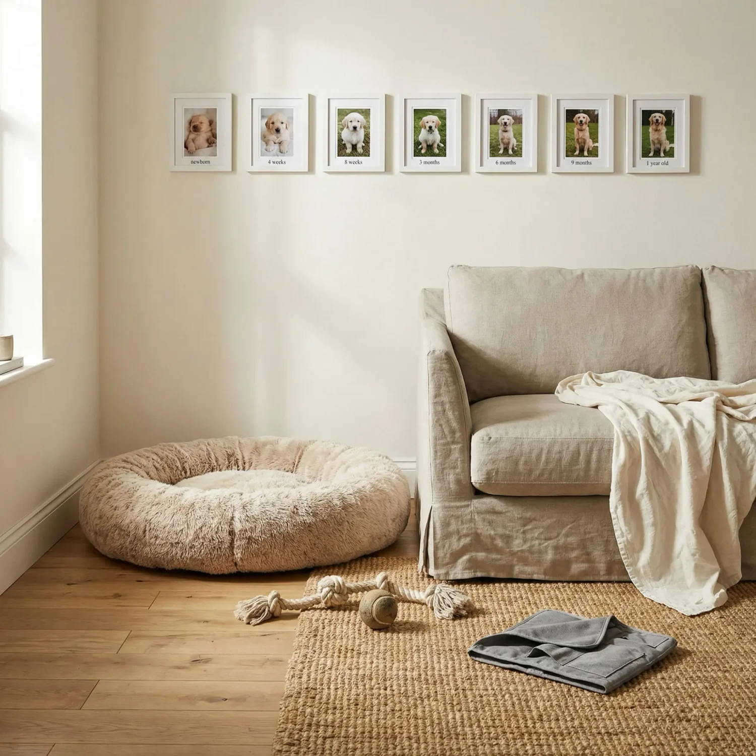 Puppy photo wall above dog bed in cozy living room