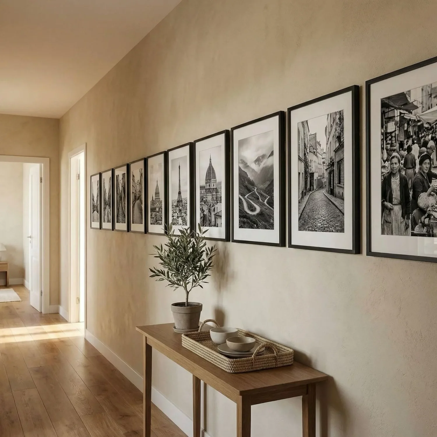 Black and white travel photos lining a hallway