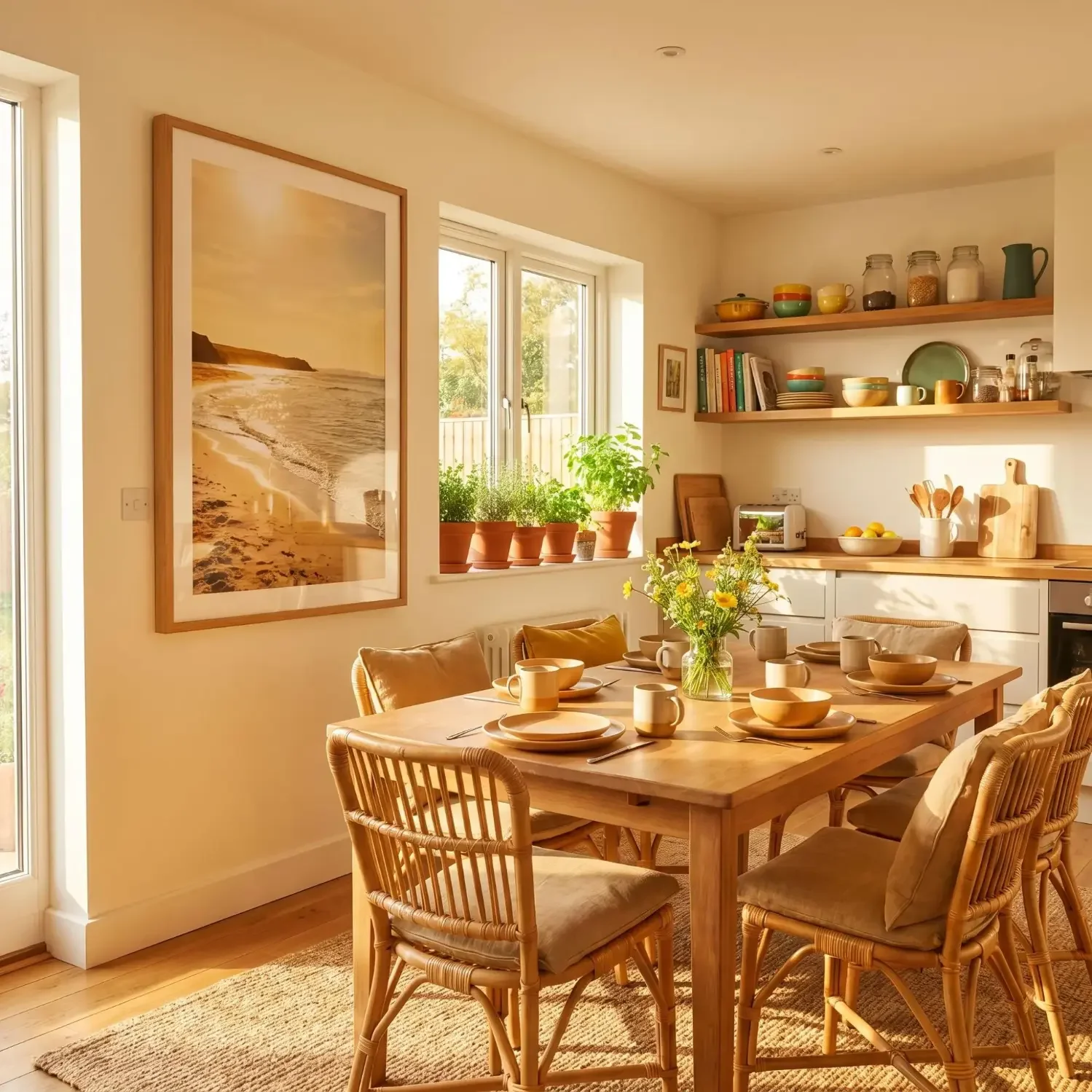 Coastal scene framed art in sunny kitchen dining