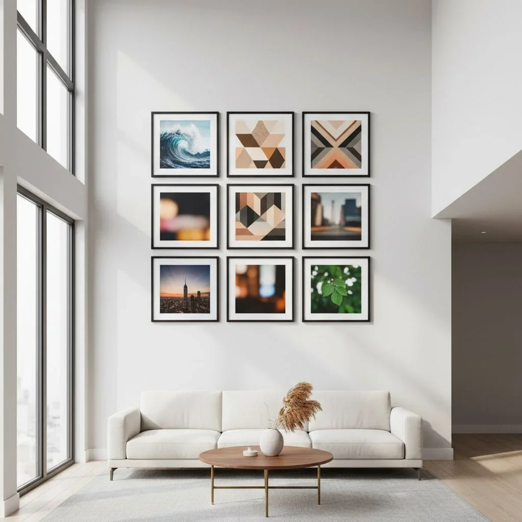 Symmetrical grid art on a double-height living room wall