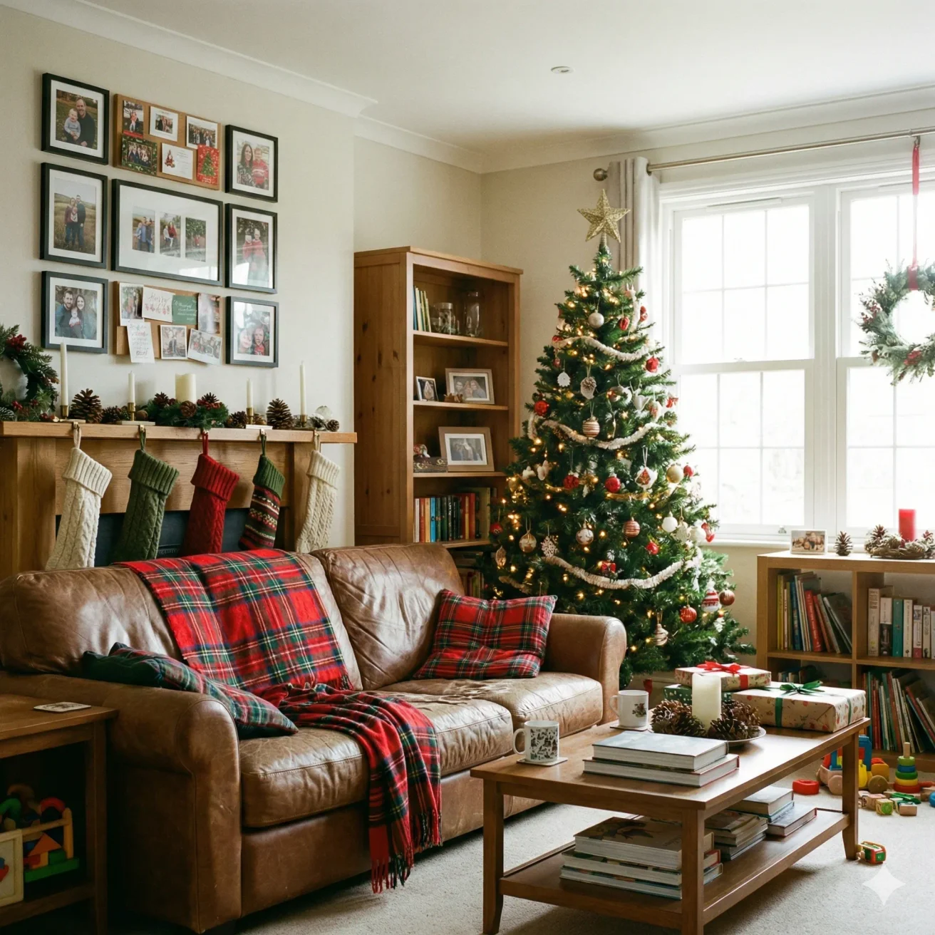 Festive family living room with decorated tree and plaid sofa