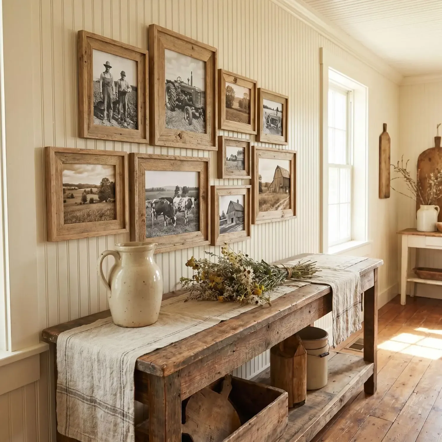 Black-and-white farm photo frames above farmhouse furniture