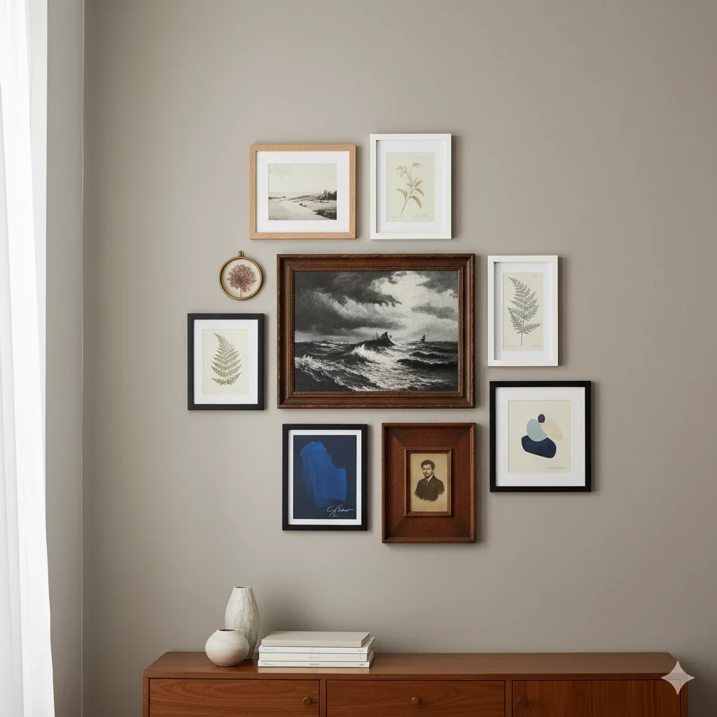 gallery wall with seascape centerpiece above wood credenza