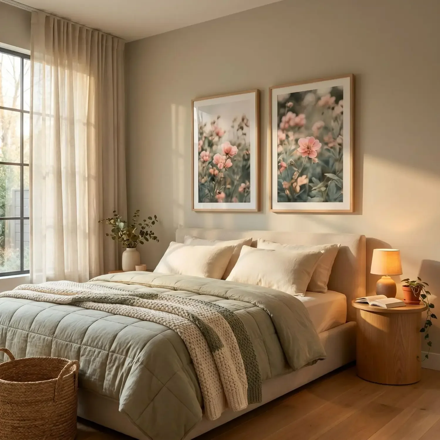 Floral framed photos above bed in cozy bedroom