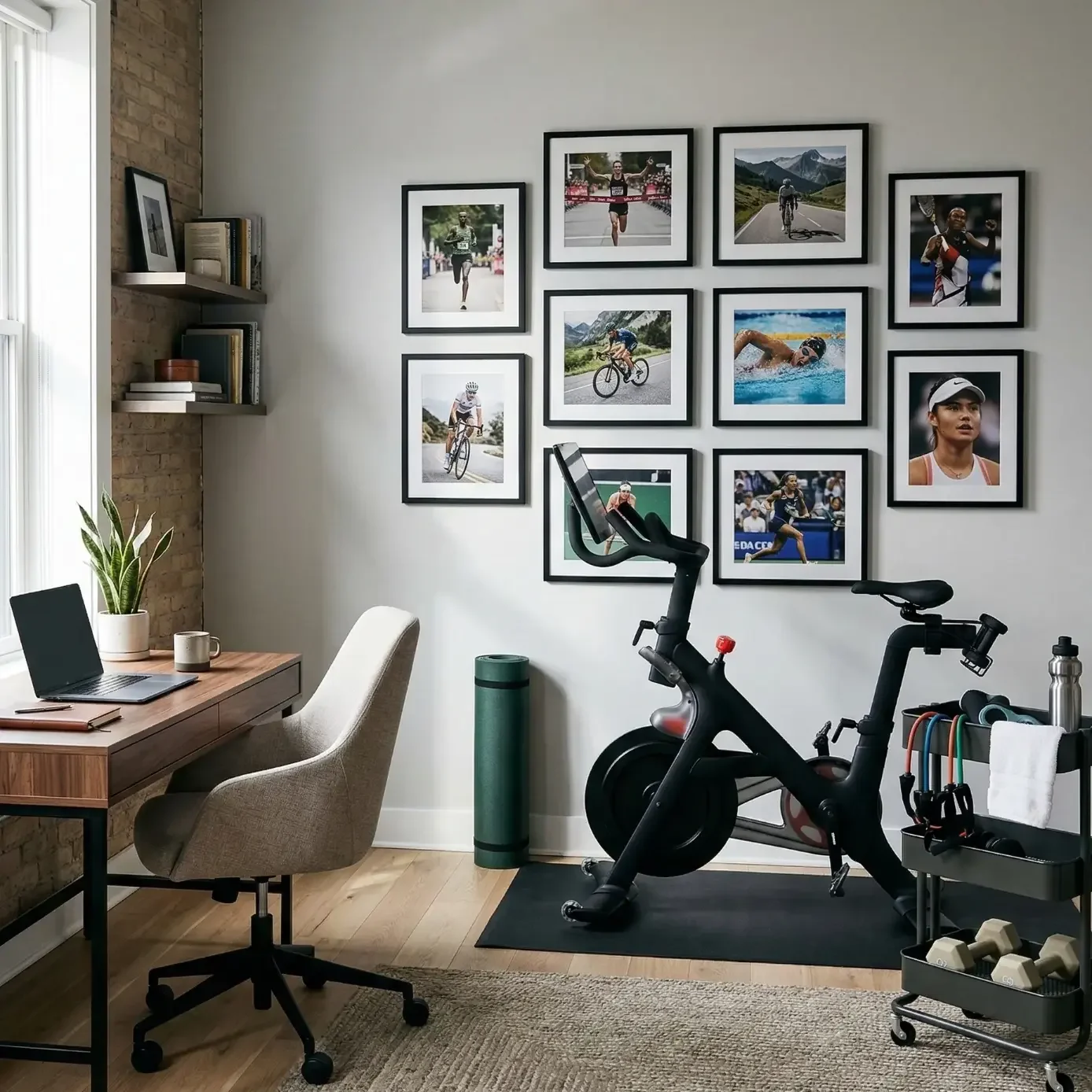 Home office and workout corner with spin bike and photo grid