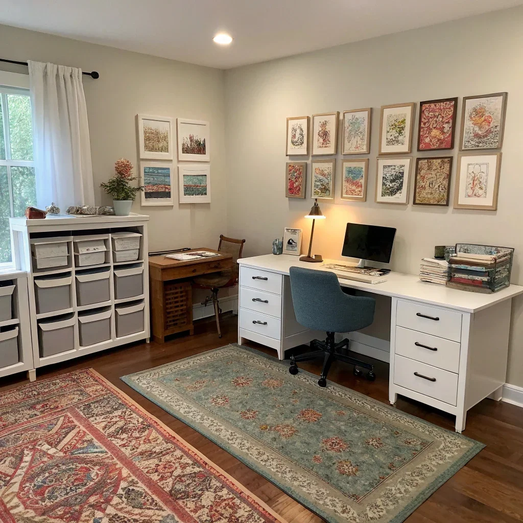 Shared home office with defined zones using rugs and coordinated gallery walls, flexible rolling carts and foldaway chairs, and a cohesive color palette that transitions easily between workspace and guest-room functions.